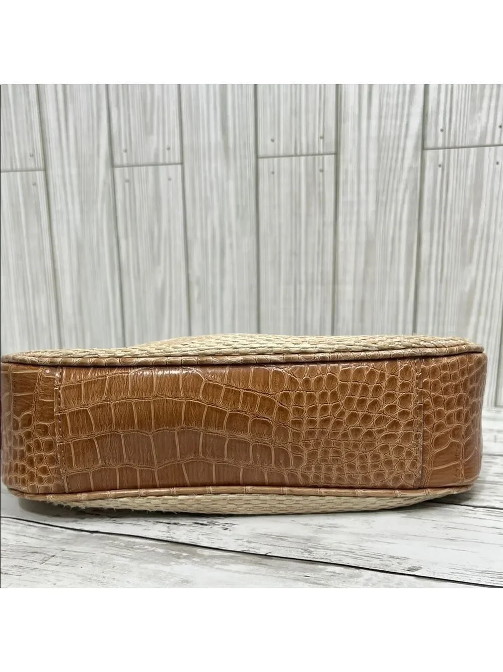 Liz Claiborne Boho Y2K Woven Straw Shoulder Bag Beige with Brown Faux Croc Trim